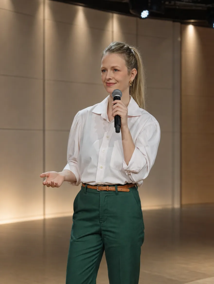 Suelen Defante apresentando treinamento corporativo no palco